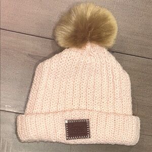 Love Your Melon Pink Knit Beanie with Brown Pom-Pom